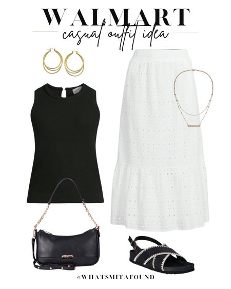 Walmart outfit idea, casual outfit idea, spring outfit idea, summer outfit idea, eyelet skirt, eyelet midi skirt, eyelet maxi skirt, white eyelet skirt, knit tank, lightweight tank, ribbed tank, summer knit, black purse, crossbody purse, trendy purse, embellished sandals, heel strap sandals, black sandals, summer sandals, layered hoops, gold hoops, layered necklaces, dainty necklaces 

#LTKshoecrush #LTKfindsunder50 #LTKitbag