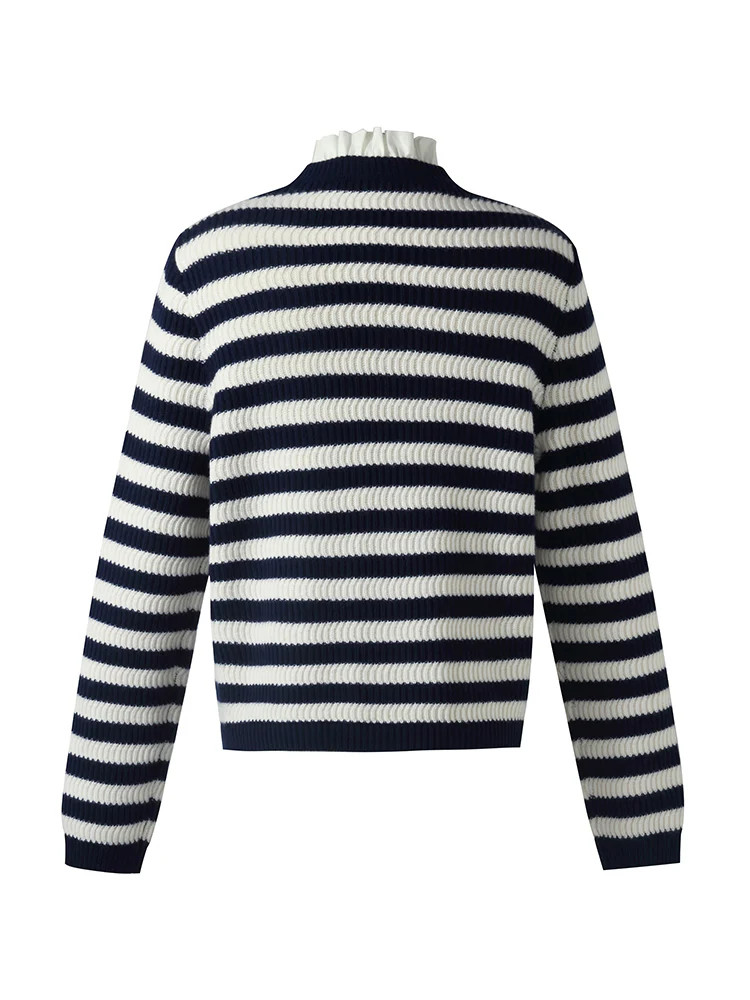 Blue And White Stripe Women Cardigan With Detachable Ruffle Collar | GOELIA