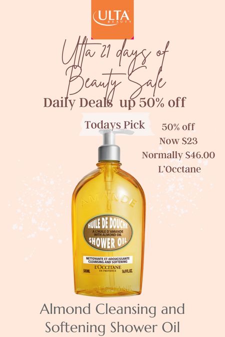 Sale 🚨 alert 50% off

Ulta 21 day of Beauty

L’Occitane
One of my favorite things
The Almond Cleansing and 
Softening Shower oil

Perfect for dry skin 

16.9ox  now $23 
Normally $46 





#LTKbeauty #LTKfindsunder50 #LTKsalealert