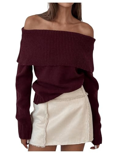 MakeMeChic Women's Off The Shoulder Sweater Oversized Long Sleeve Off Shoulder Sweaters Tops Burgundy Small | Amazon (US)
