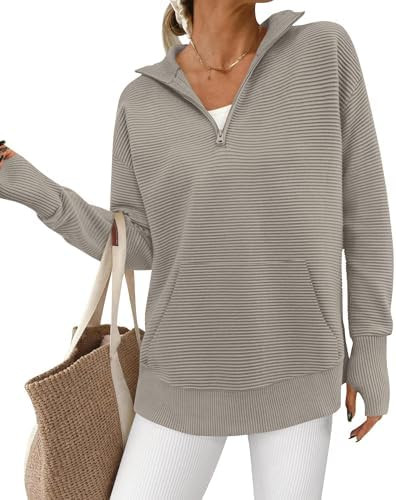 BTFBM Sweaters for Women Fall Clothes 2026 Pocket Quarter Zip Pullover V Neck Long Sleeve Knit Tr... | Amazon (US)