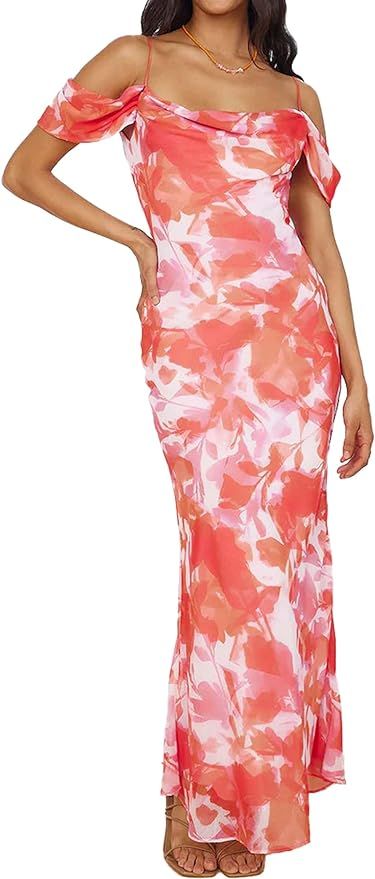MASCOMODA Women 2024 Summer Spaghetti Strap Floral Bodycon Maxi Dress Sexy Backless Fitted Long F... | Amazon (US)
