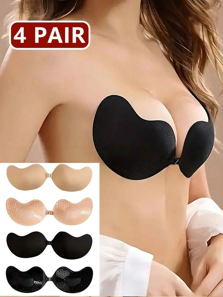 4pairs/Set (2pairs In Apricot & 2pairs In Black) Strapless Adhesive Bra Silicone Breast Petals, Sexy Push-Up Invisible Brassiere For Women, Suitable For Spaghetti Strap Dress & Wedding Gown, Add More Volume To Small Busts With Mango-Shaped Cups | SHEIN