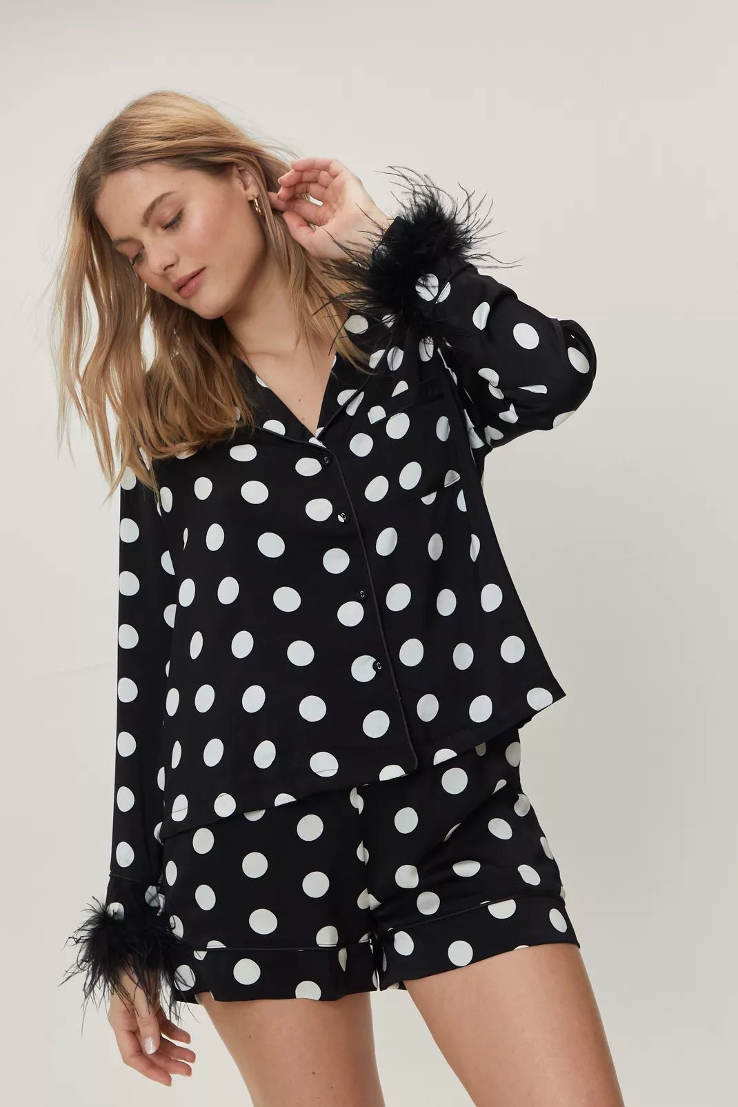 Polka Dot Feather Trim Pajama Shirt and Shorts Set | Nasty Gal (US)