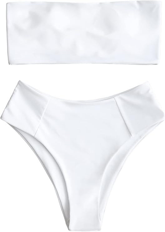 ZAFUL Women's High Cut Bandeau Bikini Set Strapless Solid Color 2 Pieces Bathing Suit Swimsuit | Amazon (US)