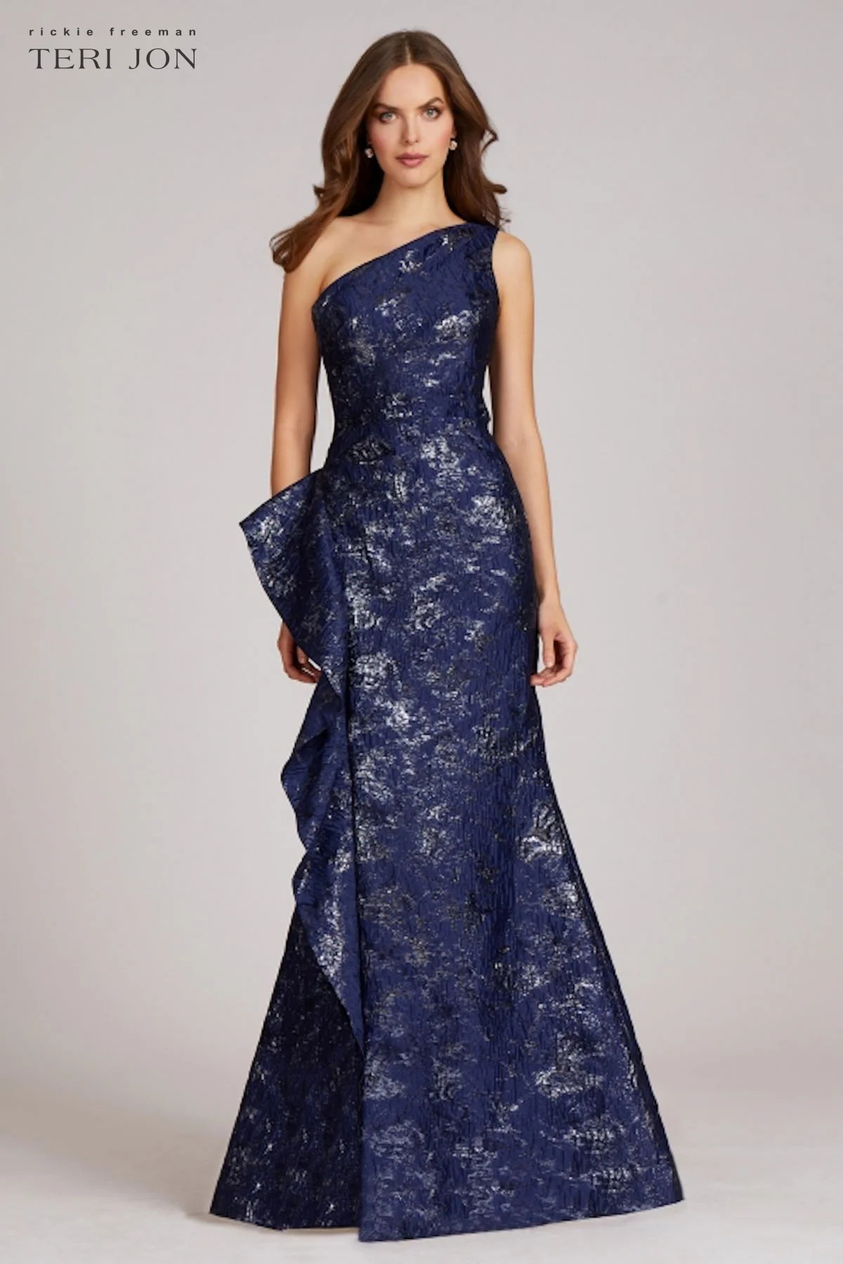 Jacquard One Shoulder Side Ruffle Gown | TERIJON