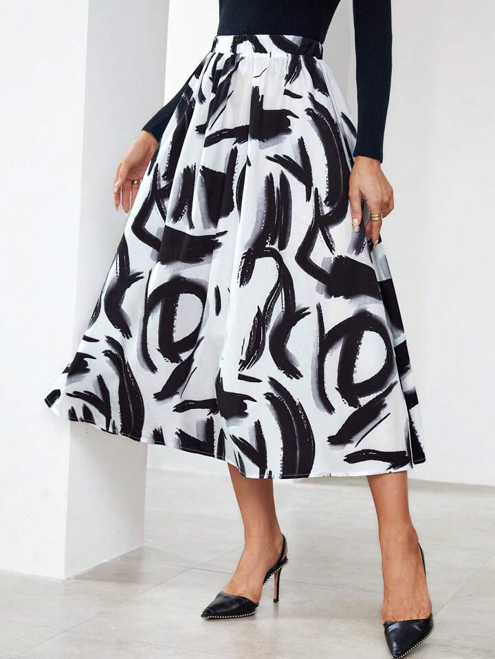 SHEIN Privé Allover Print High Waist Flare Skirt | SHEIN USA | SHEIN