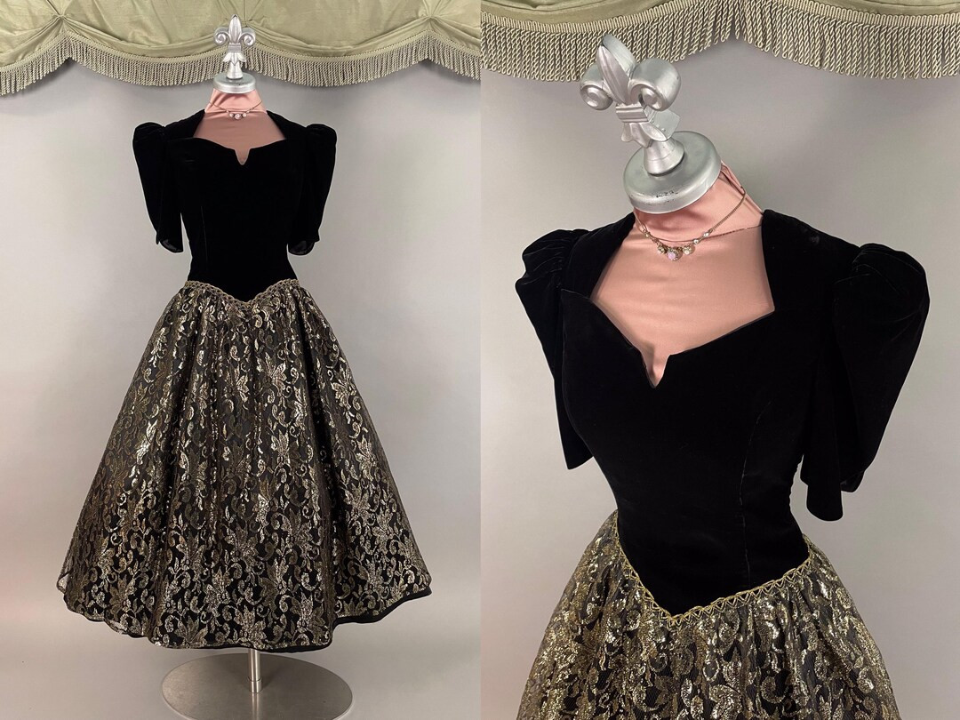 1980s Dress 80s Vintage GOLD BLACK Lace + Velvet Metallic Full Skirt Party Dress - Etsy | Etsy (US)