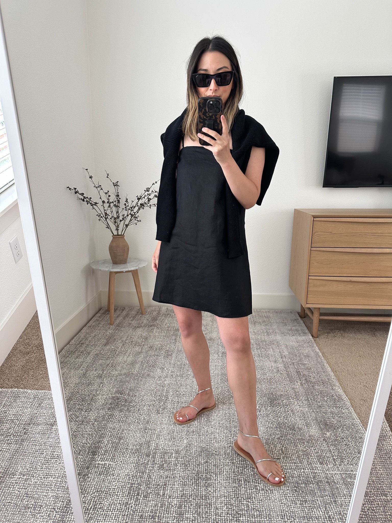 Reformation Aubree line dress. Same dress as the striped one but in black. It’s amazing!!! Simple yet so versatile. Great length on petites. 

Reformation linen dress xs
J.Crew black cardigan xxs
Ancient Greek sandals 35
YSL sunglasses 

Summer dress, dresses, vacation dress, sandals, linen dress 

#LTKSeasonal #LTKunder100 #LTKshoecrush