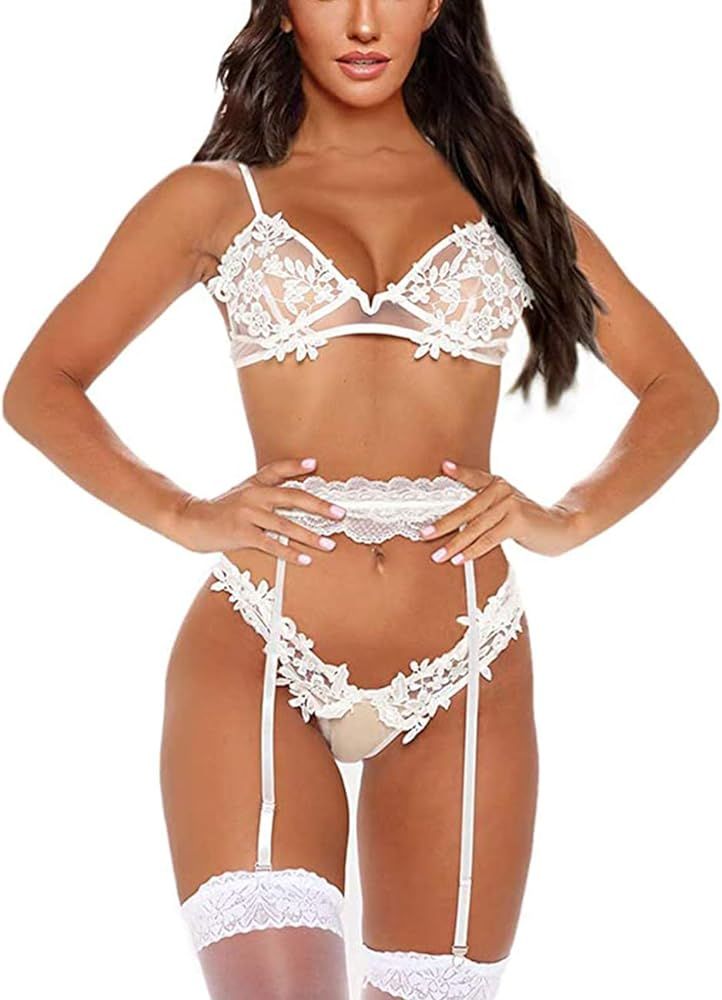 Women Lingerie Set with Garter Belt 3 Piece Lace Teddy Babydoll Sexy Bra and Panty Sets | Amazon (US)