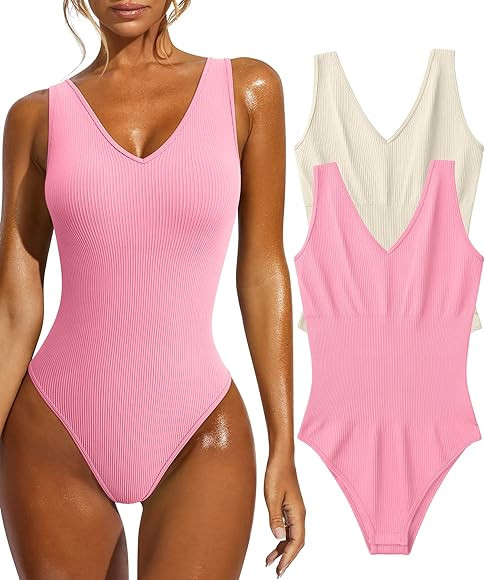 GXIN Women's 2 Piece Bodysuits Sexy ribbed V Neck Sleeveless Tank Tops Shapewear Bodysuits | Amazon (US)