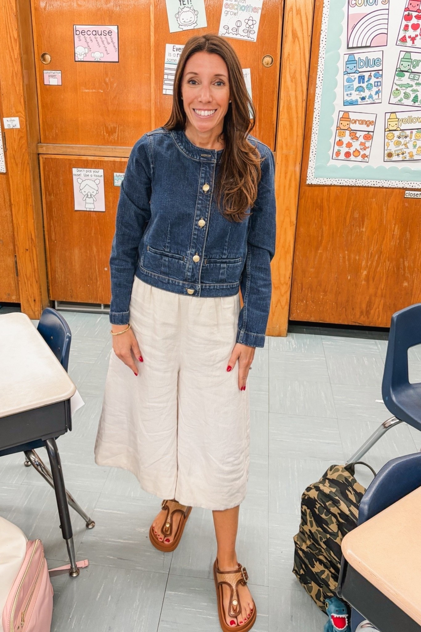Fall teacher outfit!  This jacket is a past season J.Crew Factory jacket but I have linked it preowned and a similar one.  The pants are sold out in this color but I have linked the striped version and a similar set.  The Birkenstocks are $$$ but I do love them and they are so comfortable.