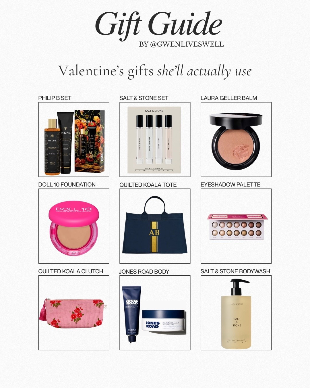 Putting together Valentine’s gifts she’ll actually use — thoughtful, practical, and still feels special ✨
From beauty staples to elevated everyday pieces. All linked here 💕
Don’t forget to use GWEN20 if you shop Quilted Koala.
#valentinesday #valentinesgifts #beautyfavs #giftguide

#LTKselfcare #LTKBeauty #LTKmomlife