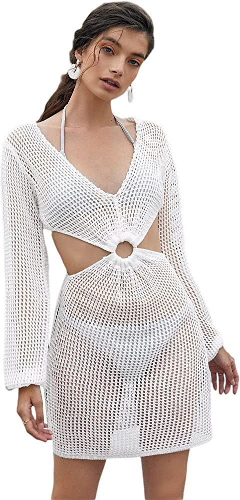 MakeMeChic Women's Crochet Cover Up Long Sleeve Knitted Swim Beach Cover Up Dress Swimwear | Amazon (US)