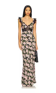 For Love & Lemons Fallen Rose Print Maxi Dress in Black from Revolve.com | Revolve Clothing (Global)