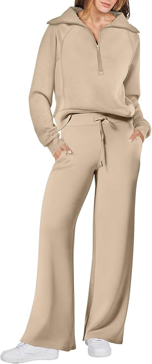 ANRABESS Women 2 Piece Outfits Sweatsuit Set 2023 Fall Oversized Half Zip Sweatshirt Wide Leg Swe... | Amazon (US)