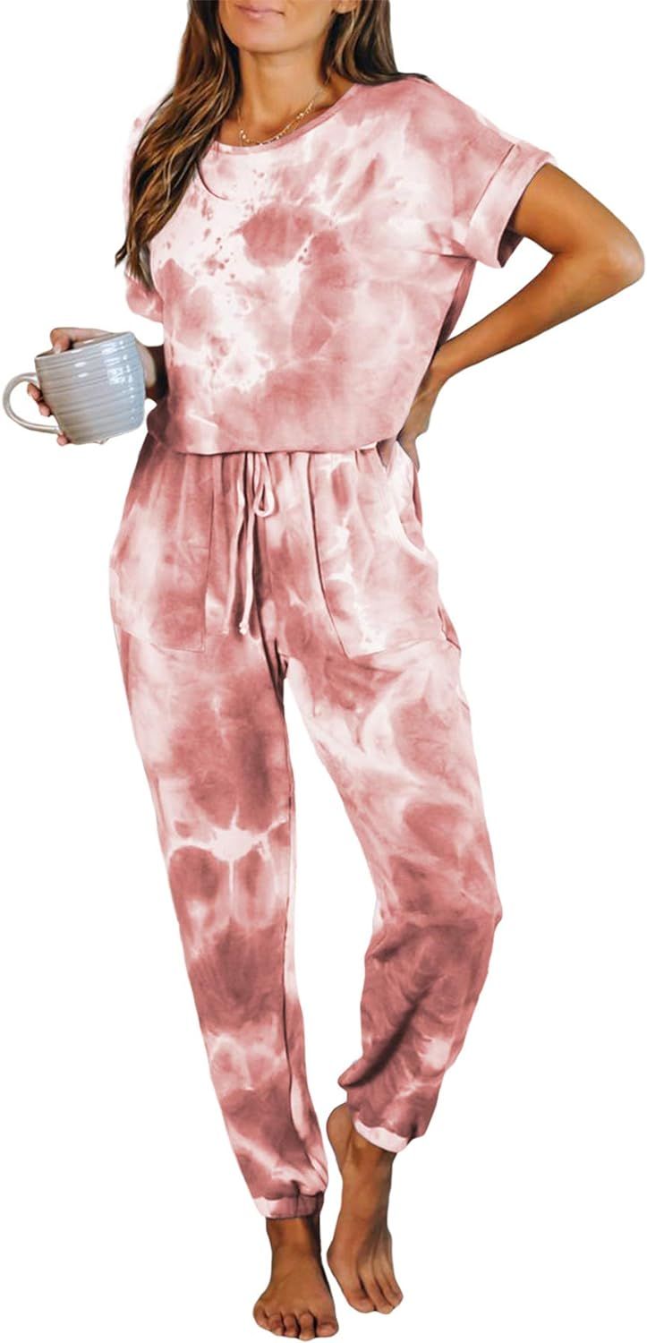PRETTYGARDEN Women’s Short Sleeve Tie Dye Long Pajamas Set One Piece Jumpsuit Loose Sleepwear N... | Amazon (US)