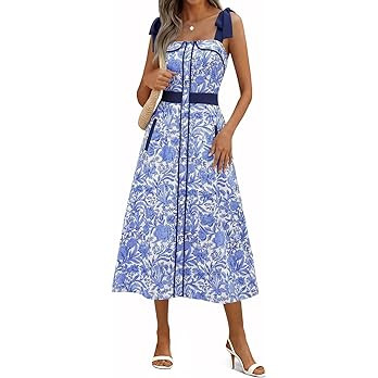 Wenrine Womens Summer Floral Midi Dress Casual Tie Strap Sleeveless Smocked Button Boho Flowy Bea... | Amazon (US)
