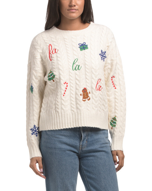 Cable Sweater With Embroidery Christmas Icons | TJ Maxx