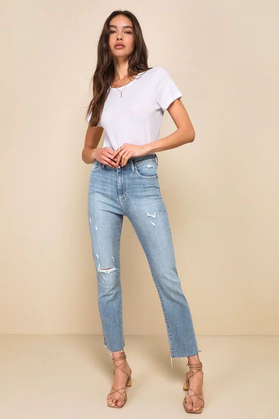 Extra Trendy Distressed Light Wash High-Waisted Slim Leg Jeans | Lulus