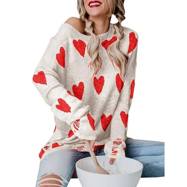 SySea Love Heart Print Loose Knit Sweater For Women | Walmart (US)