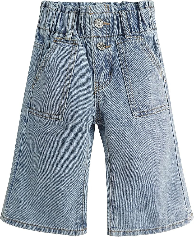 KIDSCOOL SPACE Baby Girls Jeans,Toddler Elastic Waist with D-ring Slant Pockets Wide-leg Denim Pa... | Amazon (US)