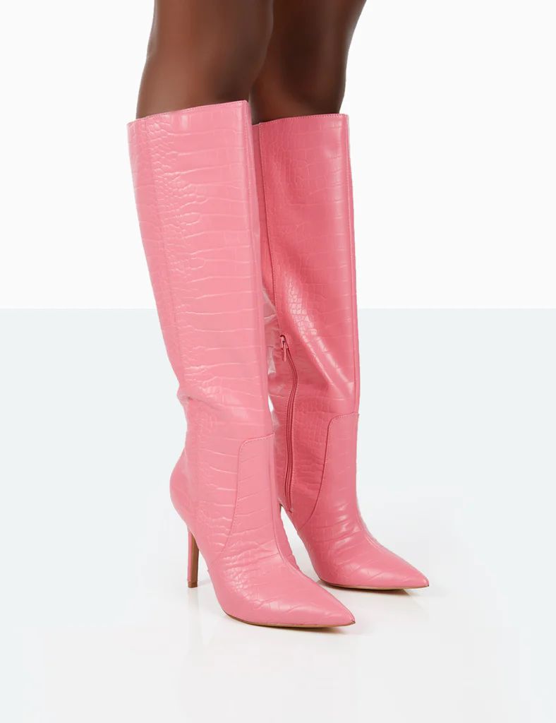 Best Believe Pink Croc Pointed Toe Heeled Stiletto Knee High Boots | Public Desire