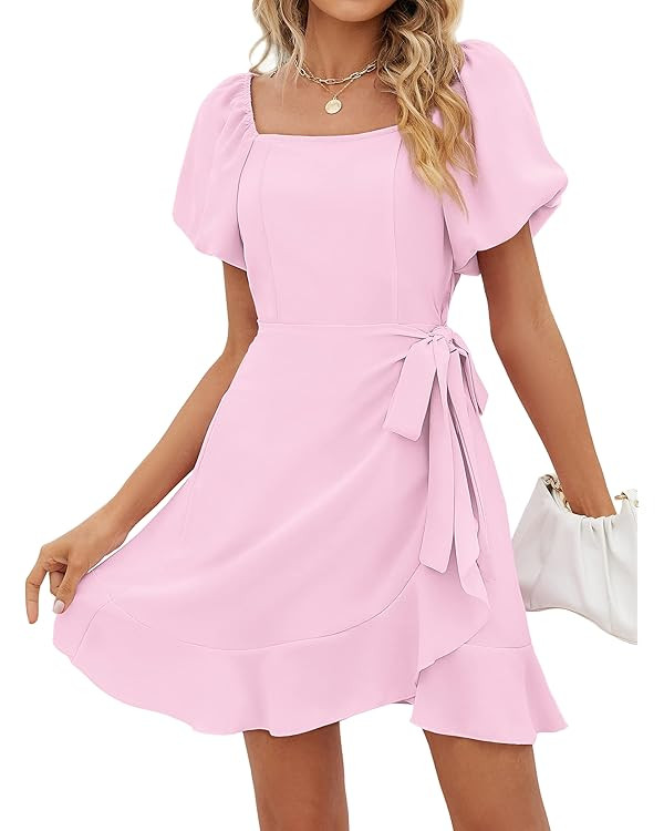 SAMPEEL Womens Summer Dresses Square Neck Puff Sleeve Tie Waist Short Dress | Amazon (US)
