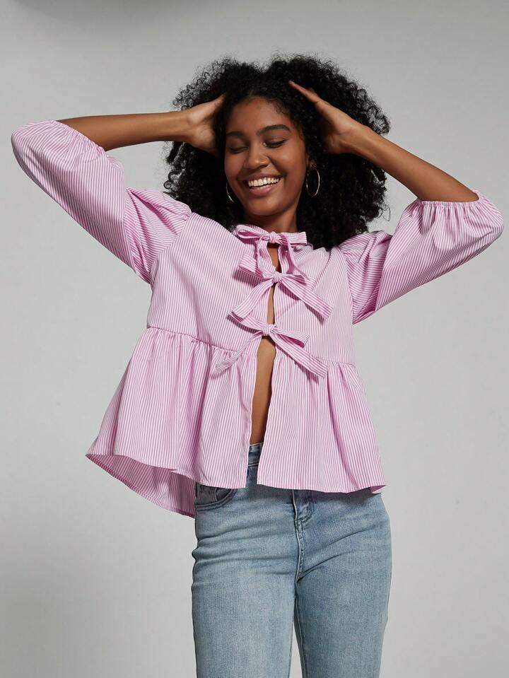 Süßes Damen Gürtel rosa gestreiftes Puffärmel Hemd, Frühling/Sommer | SHEIN
