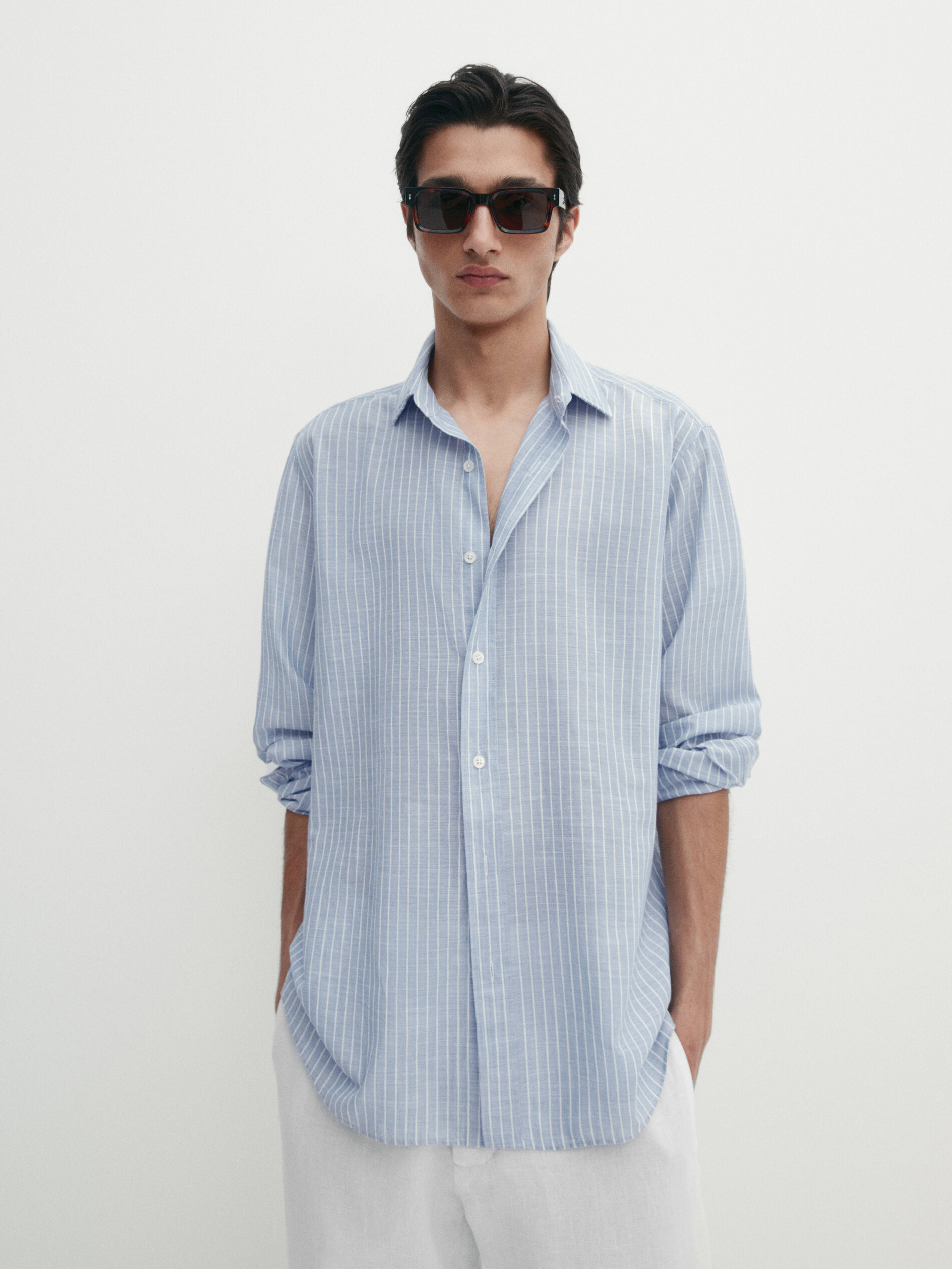 Regular-fit striped cotton blend shirt | Massimo Dutti UK