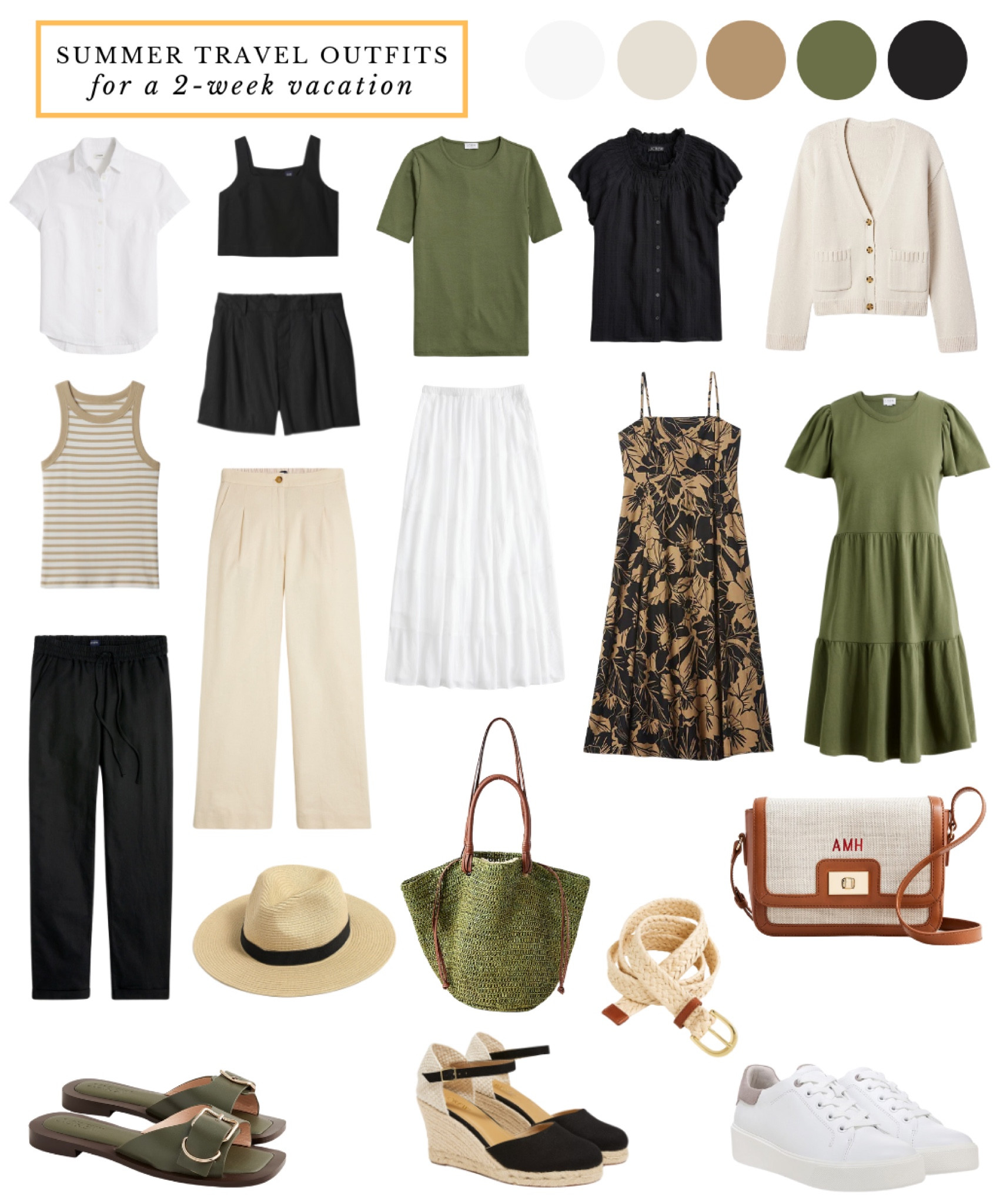 Summer travel outfits, summer capsule wardrobe, European vacation outfits, green and white, black and white, summer whites 

#LTKsummer #LTKtravel #LTKstyletip