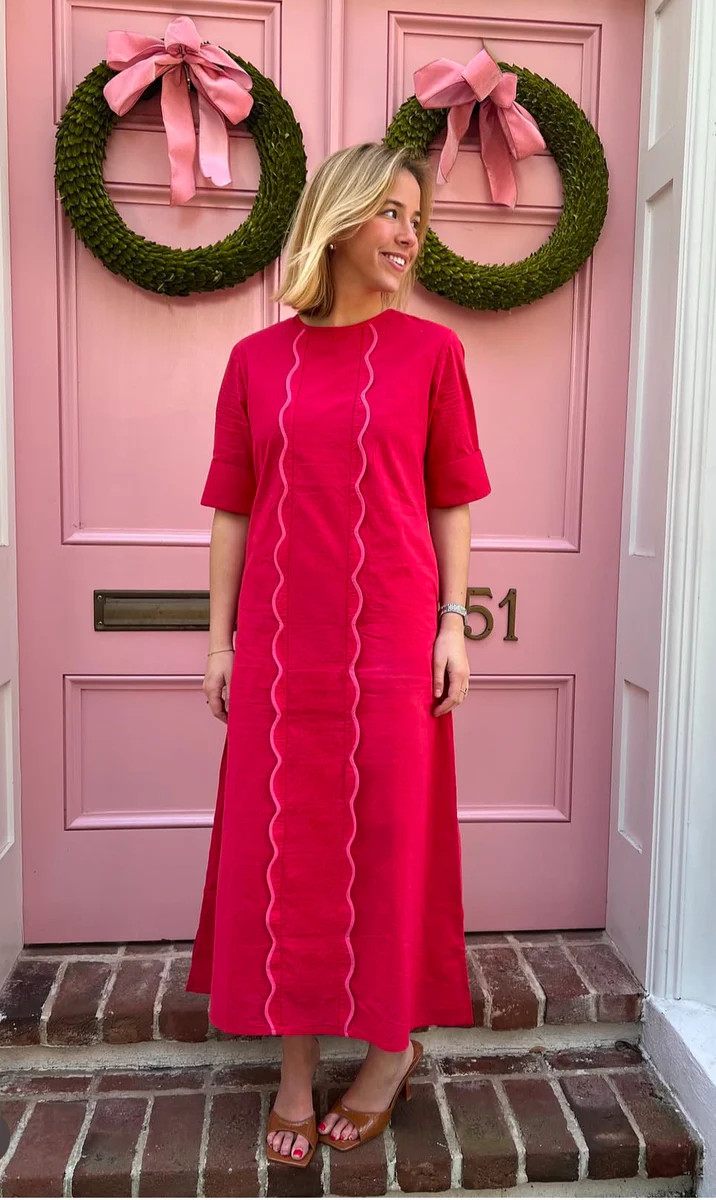 Anne Maxi Dress Red with Pink Scallop | Madison Mathews