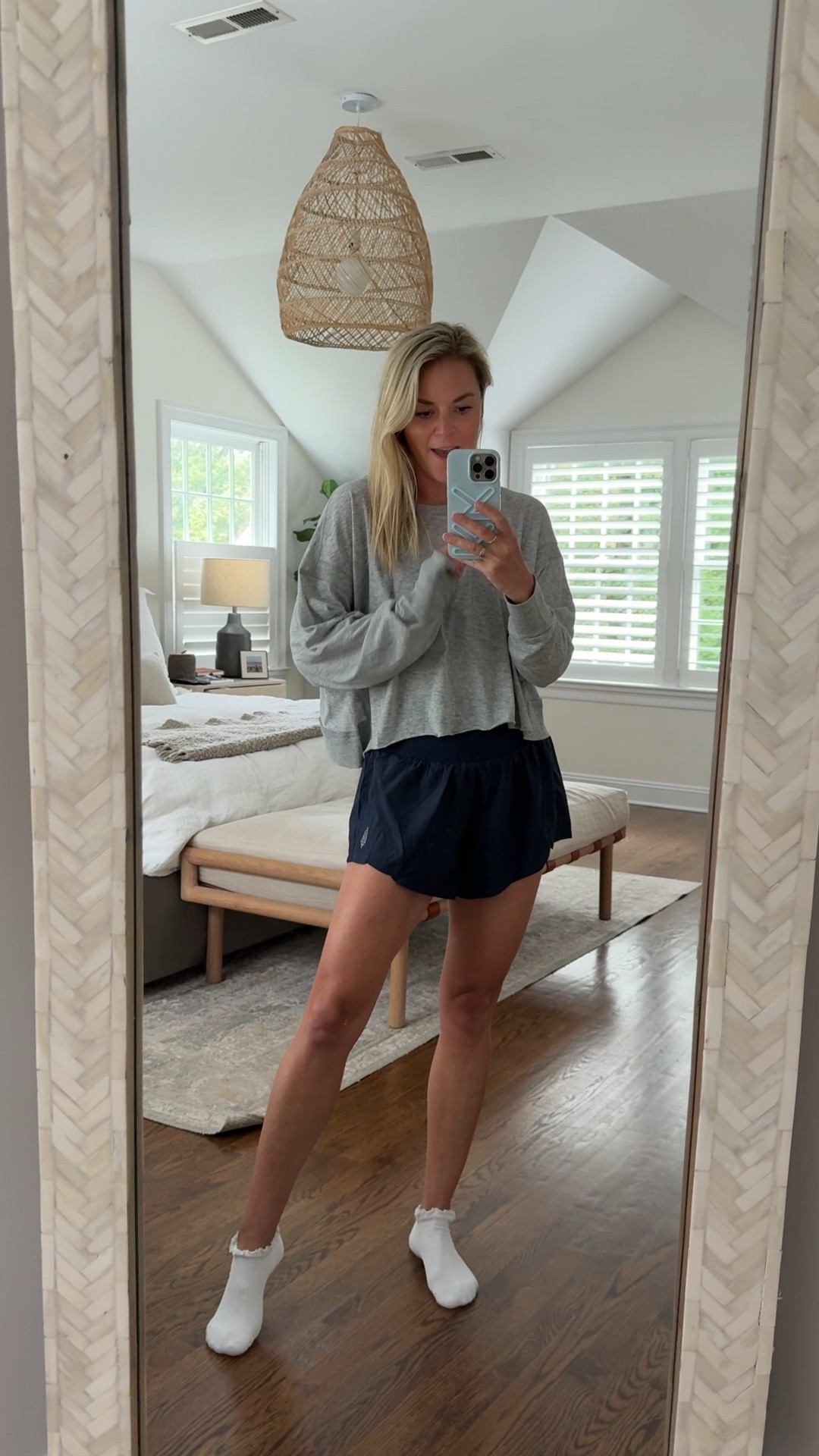 Super lightweight layering tee with a fun open back. I also have it in the short sleeve version. 
-XS layering tee, sized down 1
-small bralette, tts 
-small shorts, tts