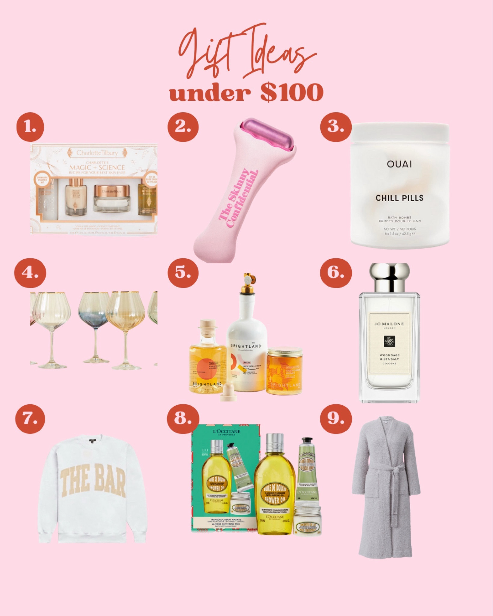 Gift ideas under $100, make up set, ice roller, bath bombs, wine glasses, olive oil set, perfume, the bar sweatshirt, l’occitane, bathrobe, barefoot dreams 

#LTKHoliday #LTKSeasonal #LTKGiftGuide