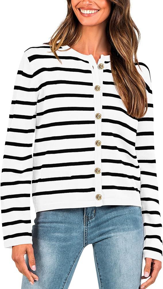 BTFBM Women's Cardigans Sweater 2024 Spring Striped Long Sleeve Button Down Crop Open Front Knit ... | Amazon (US)