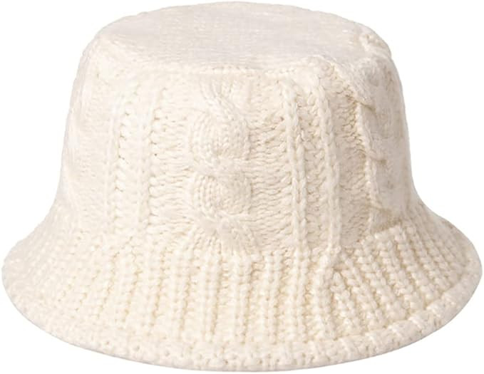 Plain Lamb Wool Knit Bucket Hat for Women Warm Wide Brim Cable Twist Pattern Fisherman Caps | Amazon (US)
