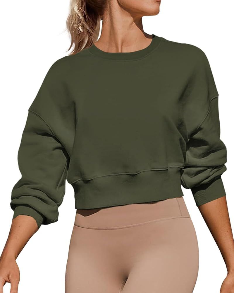 Women's Long Sleeve Round Neck Cropped Sweatshirts Cute Loose Fit Pullover Tops | Amazon (US)