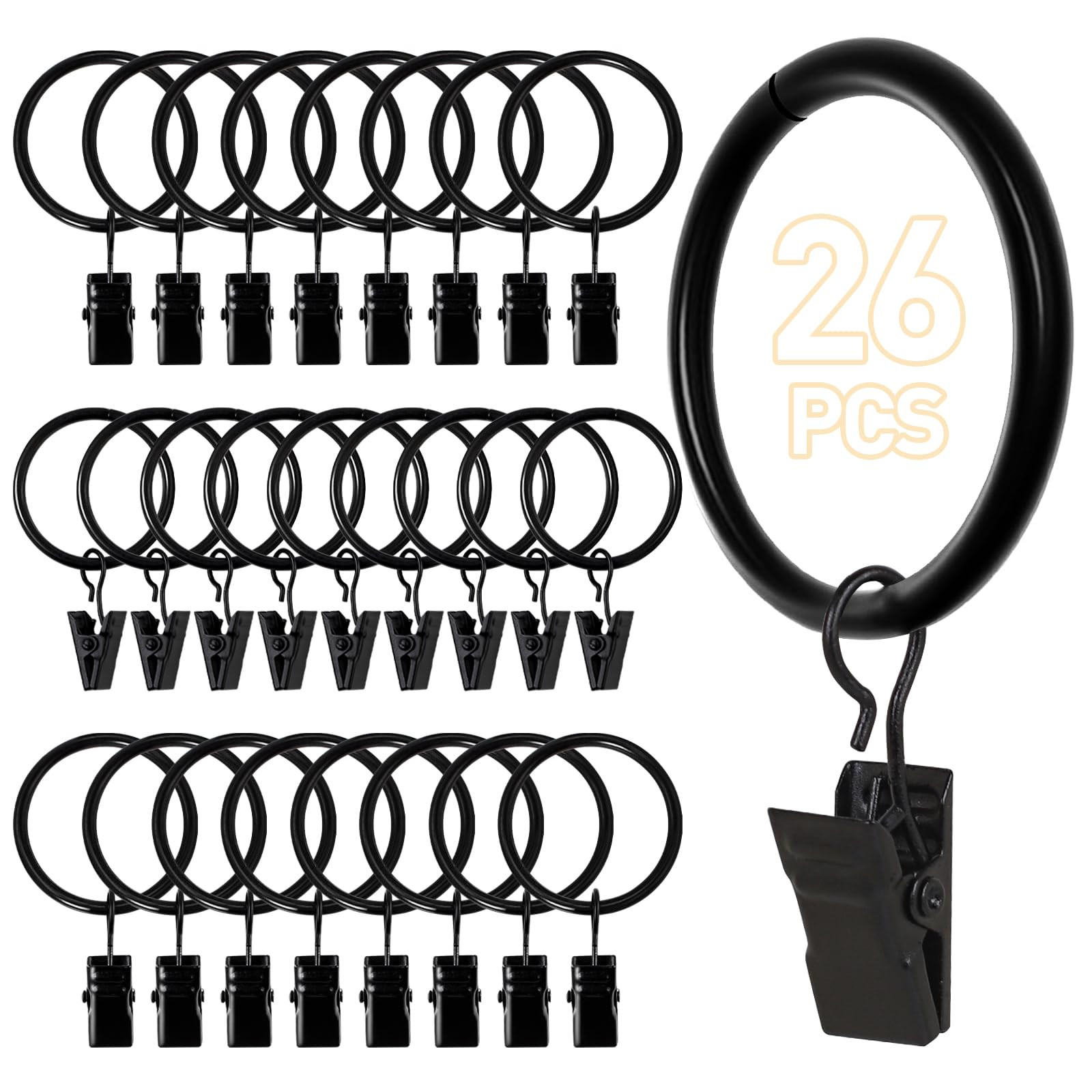 26 PCS Curtain Rings with Clips, Curtain Hooks for Drapes, Curtain Clips with Rings 1.26” Inter... | Amazon (US)