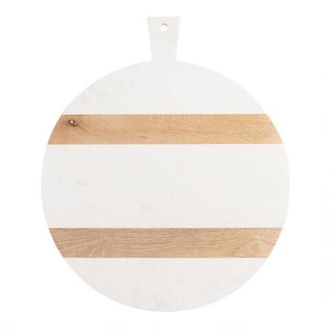 Large Round White Marble and Wood Paddle Cutting Board | World Market