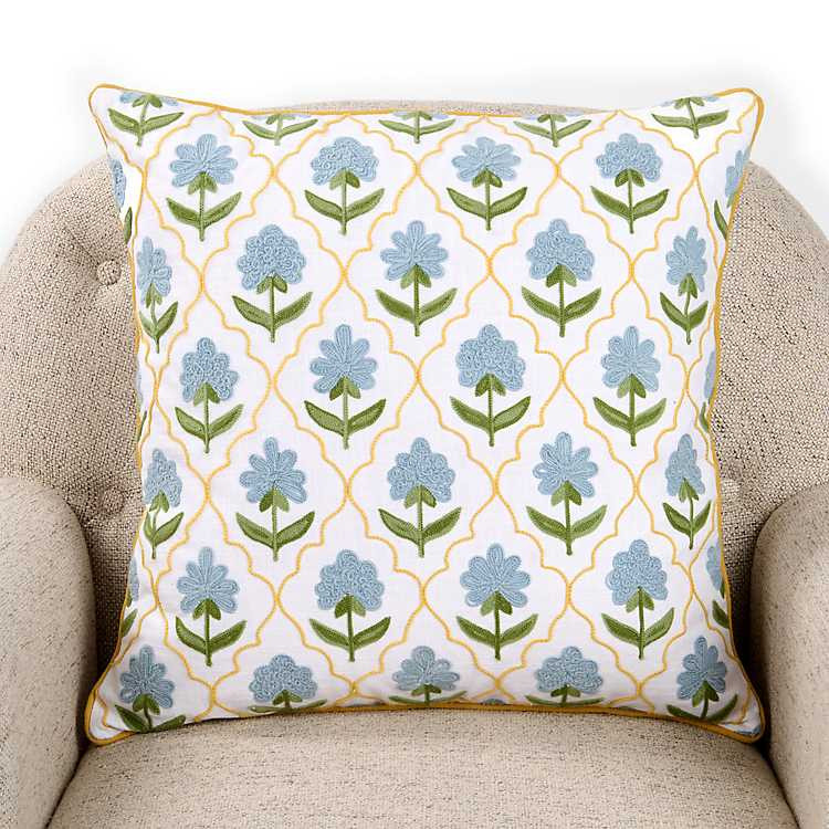Blue Crewel Floral Quatrefoil Pillow | Kirklands
