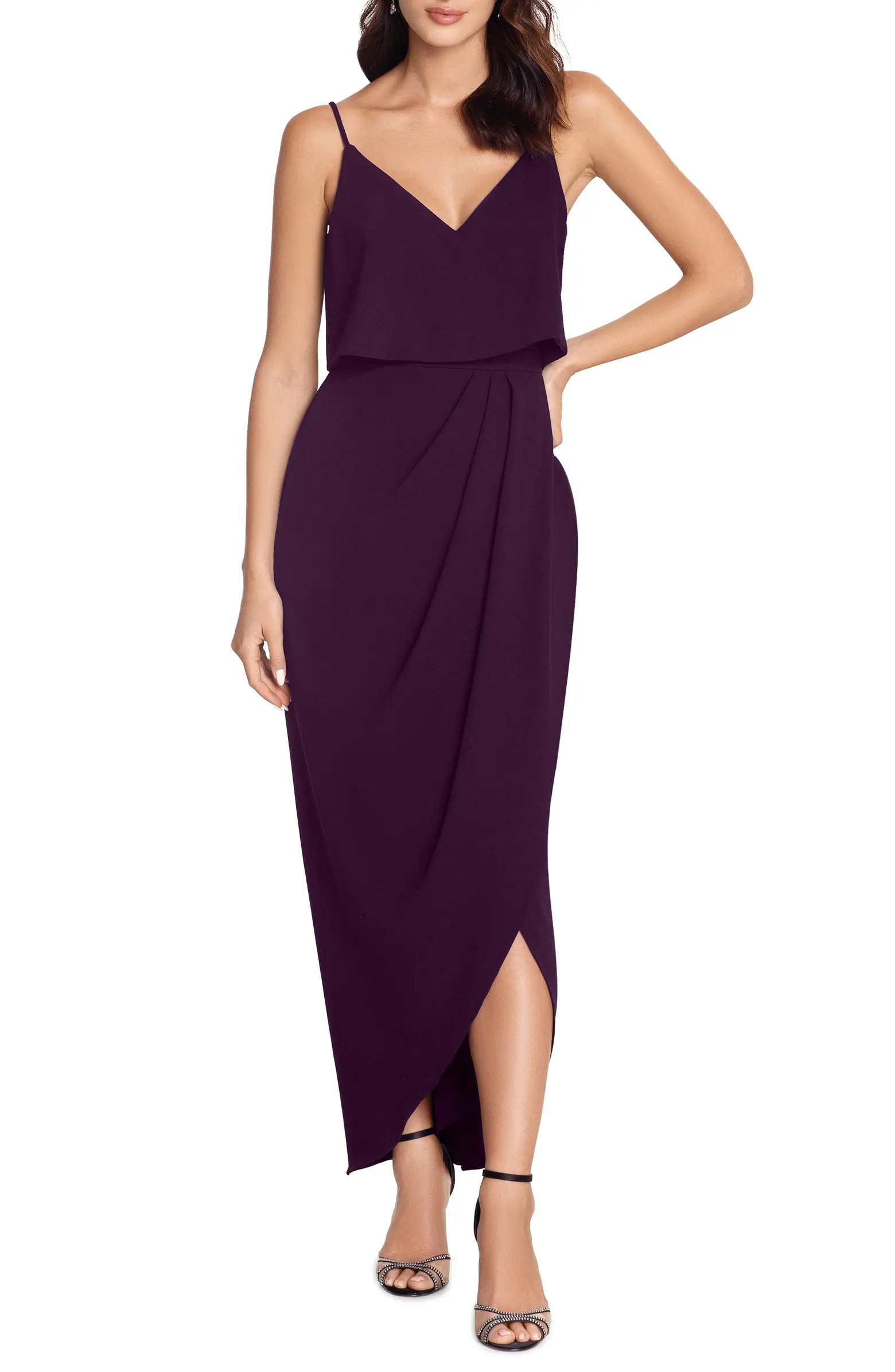 Scuba Crepe Popover Faux Wrap Gown | Nordstrom