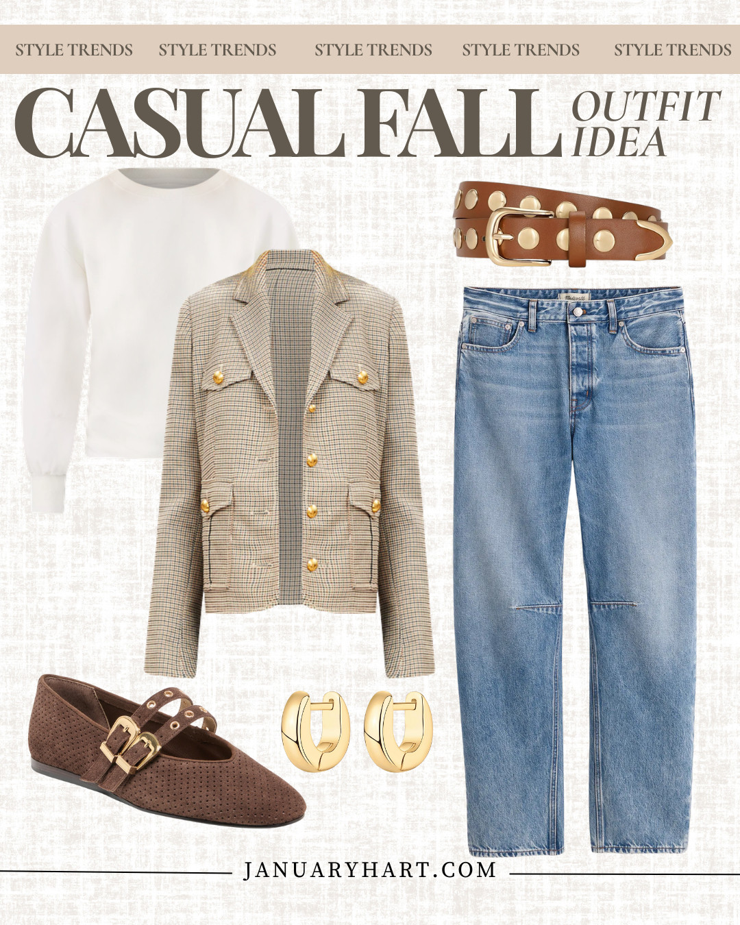 The September Lookbook 🍁🍂

fall transition, fall outfits with jeans, denim, fall outfit ideas, ballet flats, belt with studs, plaid blazer, casual jeans outfit 

 #LTKOver40 #LTKFindsUnder100 #LTKStyleTip