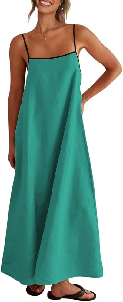 Shy Velvet Women's 2026 Summer Linen Maxi Dress Contrast Spaghetti Strap Dress Backless Casual Pa... | Amazon (US)