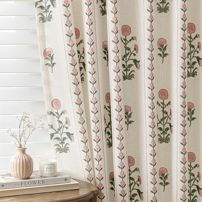Floral Pinch Pleated Linen Curtains for Living Room Bedroom Dining Room Farmhouse, Light Filterin... | Amazon (US)