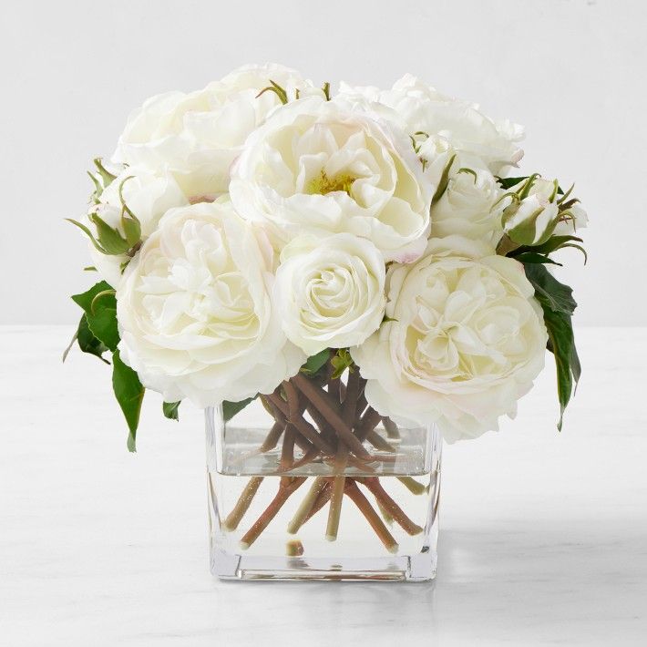 Faux White Rose Arrangement in Small Square Vase | Williams-Sonoma