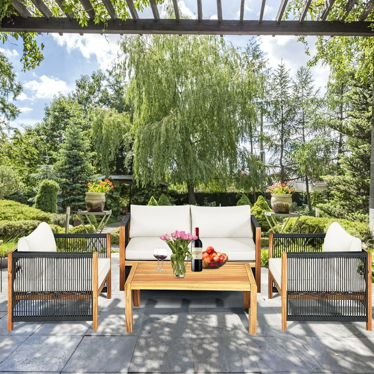 Gymax 4PCS Acacia Wood Outdoor Patio Furniture Conversation Set W/ White Cushions | Walmart (US)