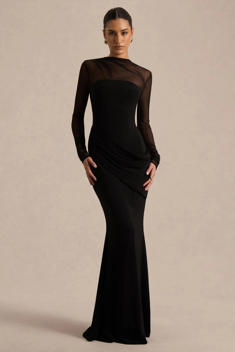 Deema  Black Jersey And Mesh High Neck Maxi Dress | Club L London