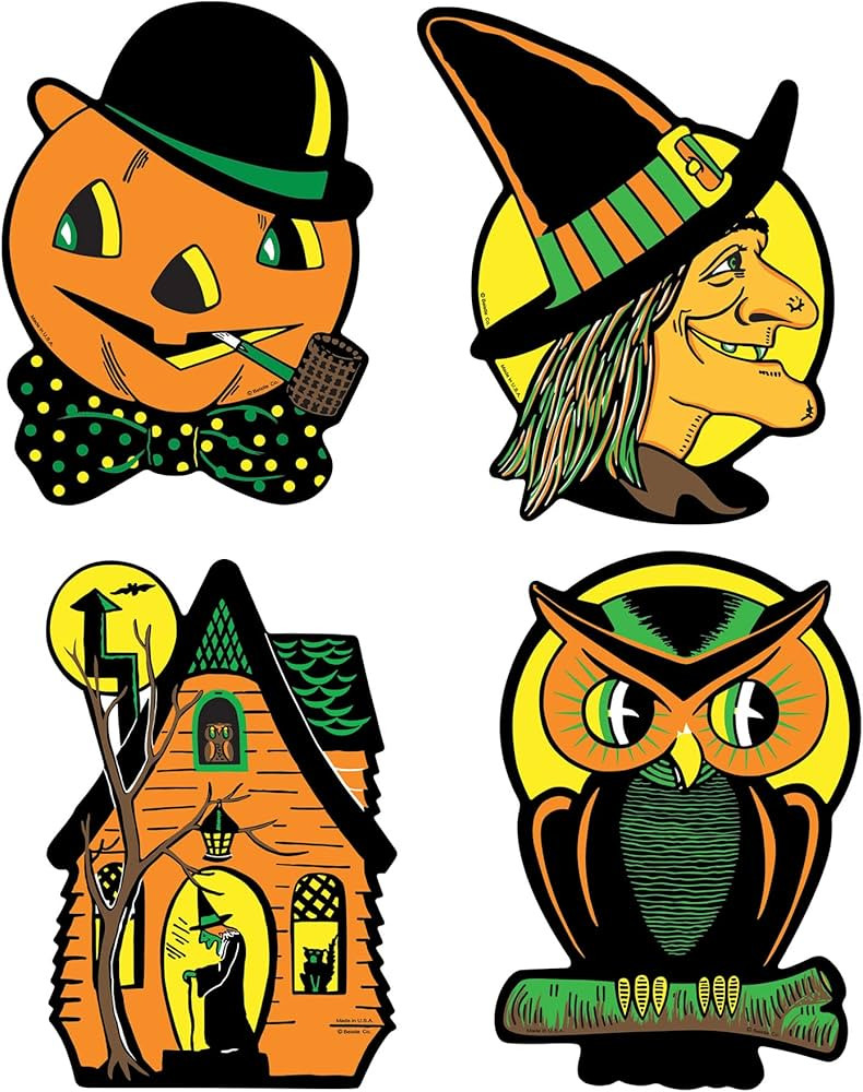 Beistle 4 Piece Retro Vintage Happy Halloween Cut Outs Wall Decorations – Cat, Witch, Owl, Jack... | Amazon (US)