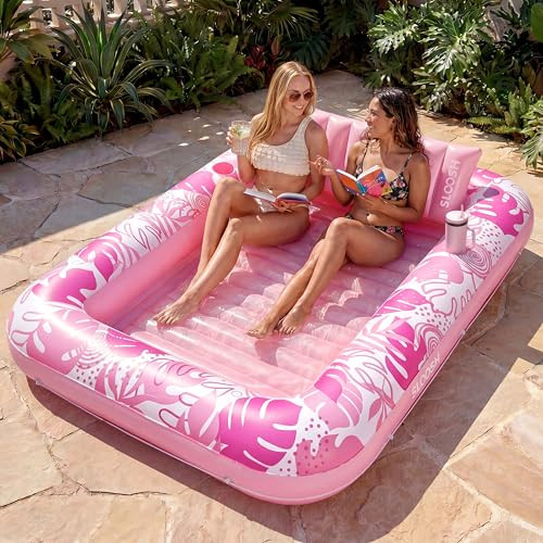 SLOOSH Inflatable Tanning Pool Lounger Float, 85" x 57" Extra Large Pool Floats Adult with Pillow, 4 in 1 Suntan Tub Raft Floatie,Sunbathing Bed Lounge for Water Blow Up Ball Pit, XL-Blushing Pink | Amazon (US)