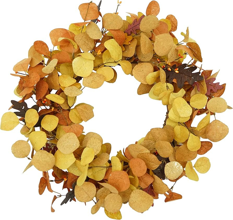 AMF0RESJ Artificial Fall Wreath for Front Door Autumn Eucalyptus Wreath with Orange Eucalyptus Le... | Amazon (US)